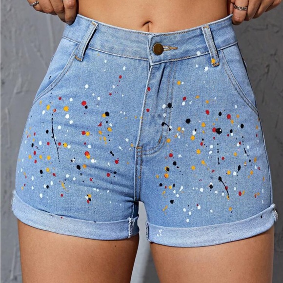 Shein Splash Ink Print Roll Up Hem Denim Shorts - Picture 5 of 8